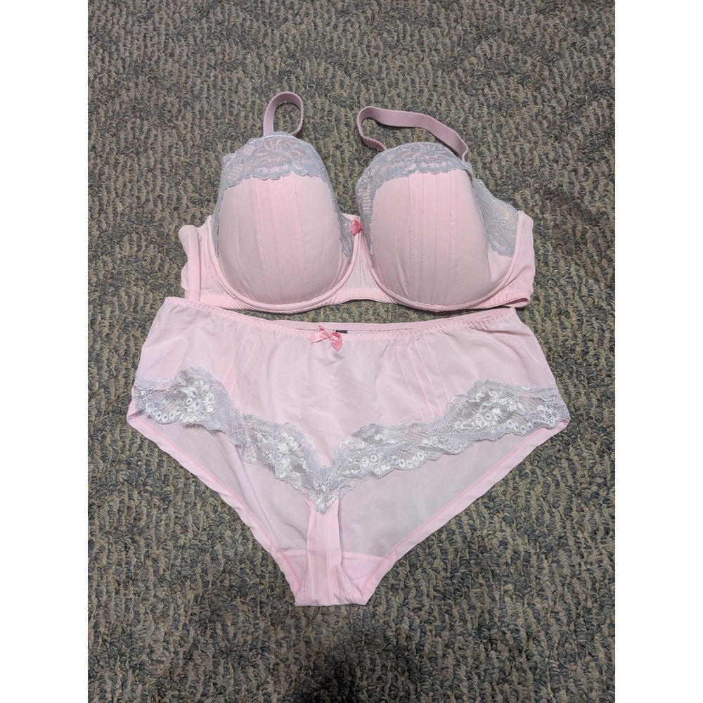 Adore Me Pink Grey Lace Balconette Bra and Panty Set 42D XL Lingerie 2 Piece